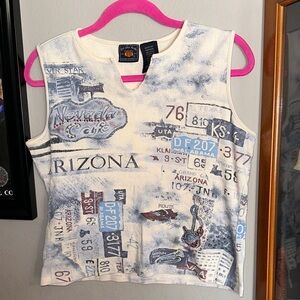 Route 66 Cream and Blue Graphic Tank Top With Rhinestones 100% Cotton